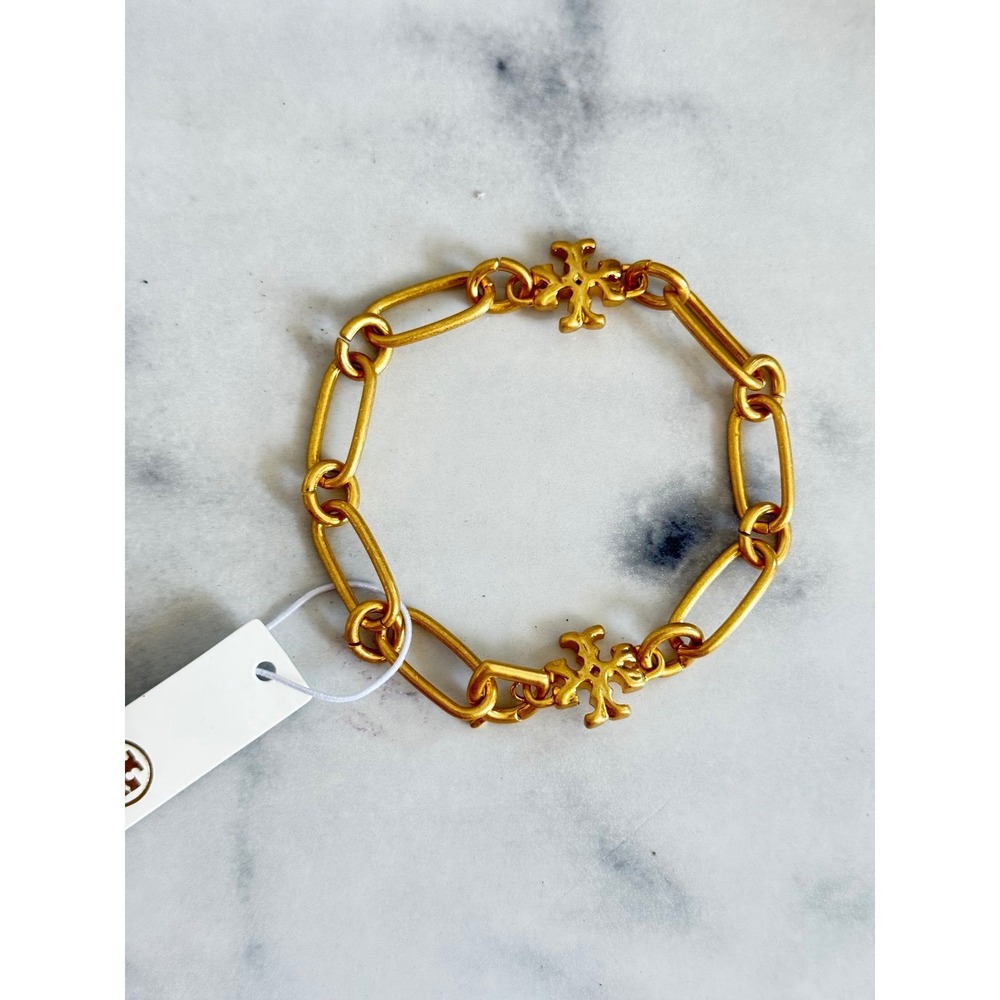 Tory Burch Roxanne Chain Bracelet Gold Tone Double T Logo Link New